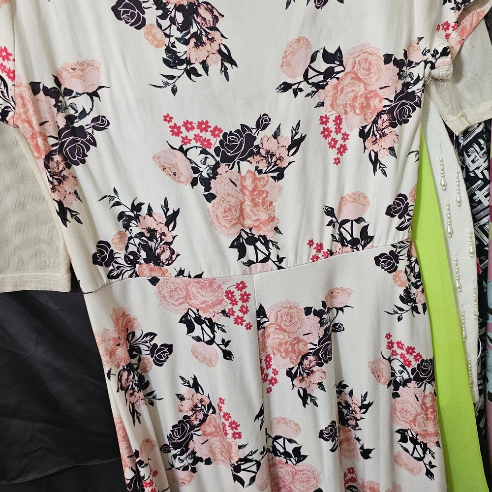 Bobbie Brooks Cream Dress with Pink and Black Floral Design